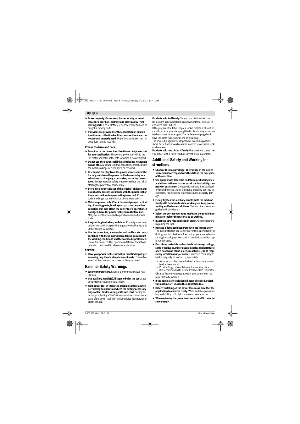 Hammer safety warnings, Additional safety and working in- structions | Bosch GBH 8-45 DV Professional User Manual | Page 8 / 132