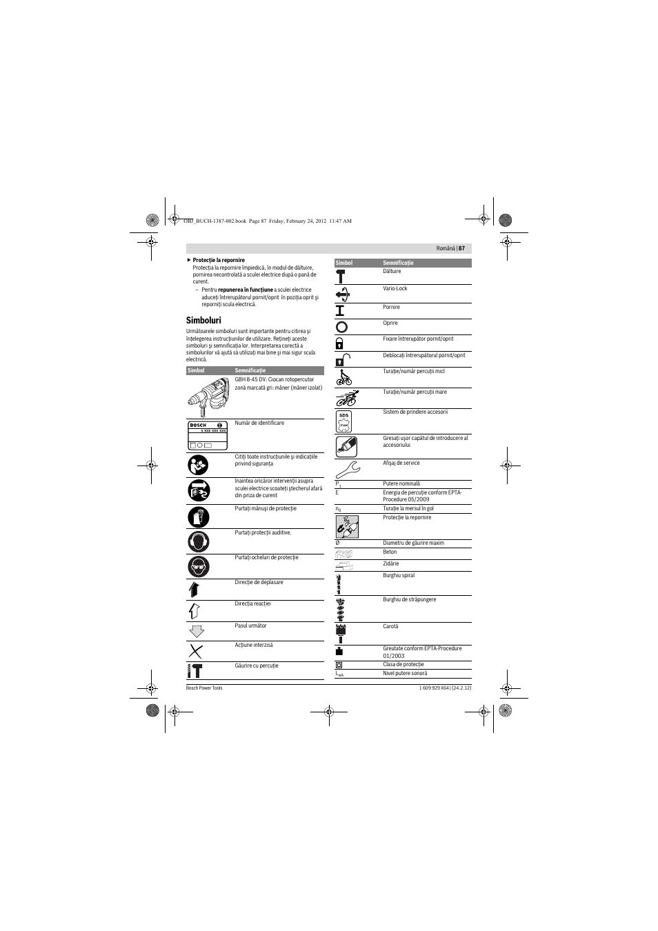 Simboluri | Bosch GBH 8-45 DV Professional User Manual | Page 87 / 132