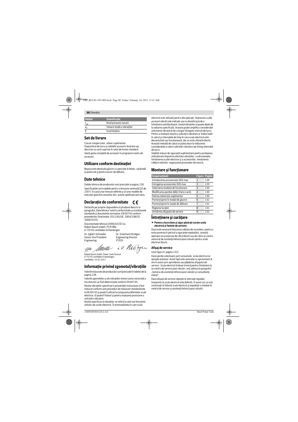 Set de livrare, Utilizare conform destinaţiei, Date tehnice | Declaraţie de conformitate, Informaţie privind zgomotul/vibraţiile, Montare şi funcţionare întreţinere şi curăţare | Bosch GBH 8-45 DV Professional User Manual | Page 88 / 132