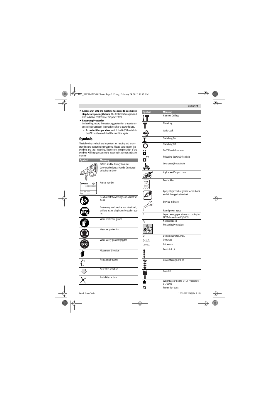 Symbols | Bosch GBH 8-45 DV Professional User Manual | Page 9 / 132