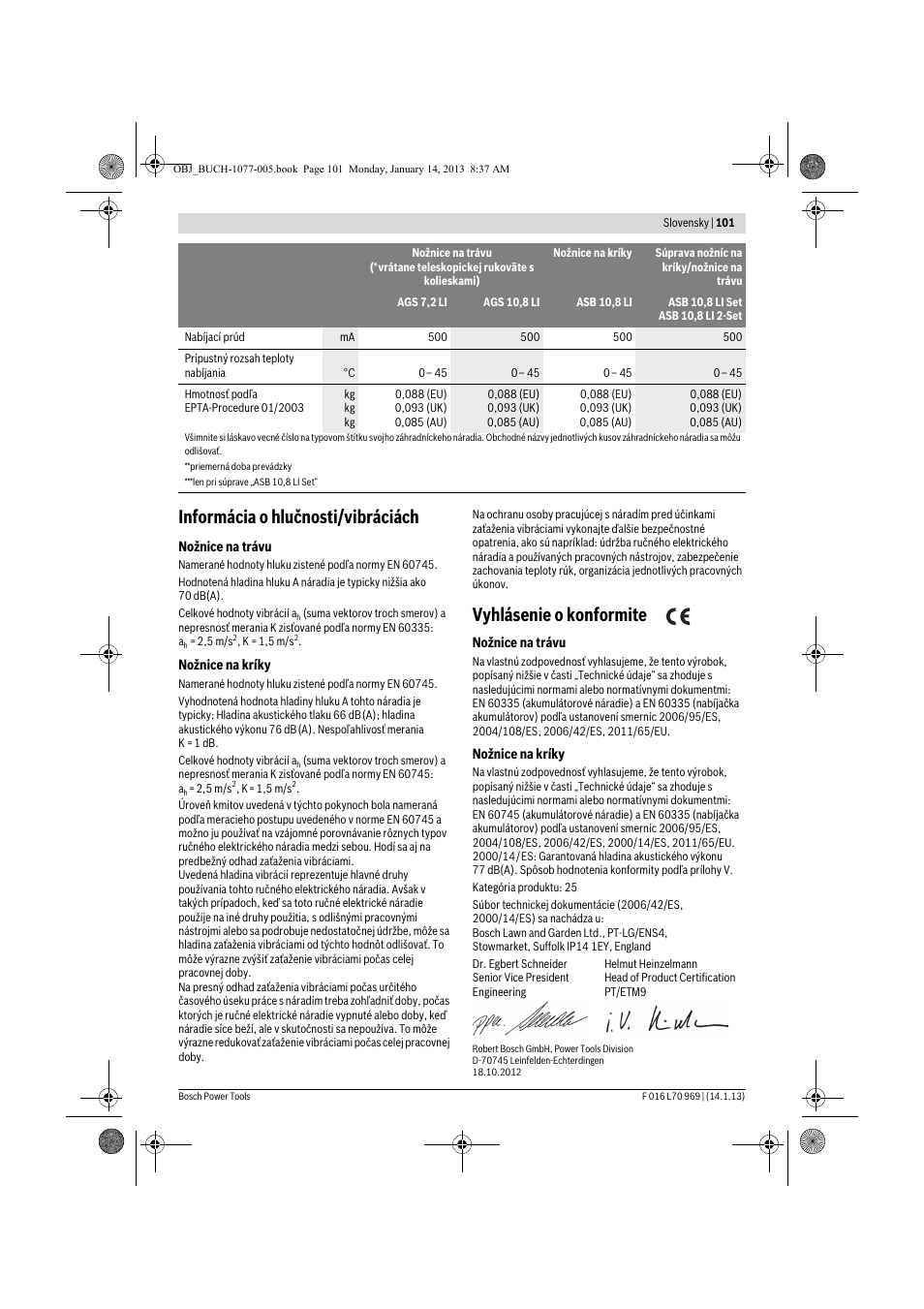 Informácia o hlučnosti/vibráciách, Vyhlásenie o konformite | Bosch AGS 7,2 LI User Manual | Page 101 / 177