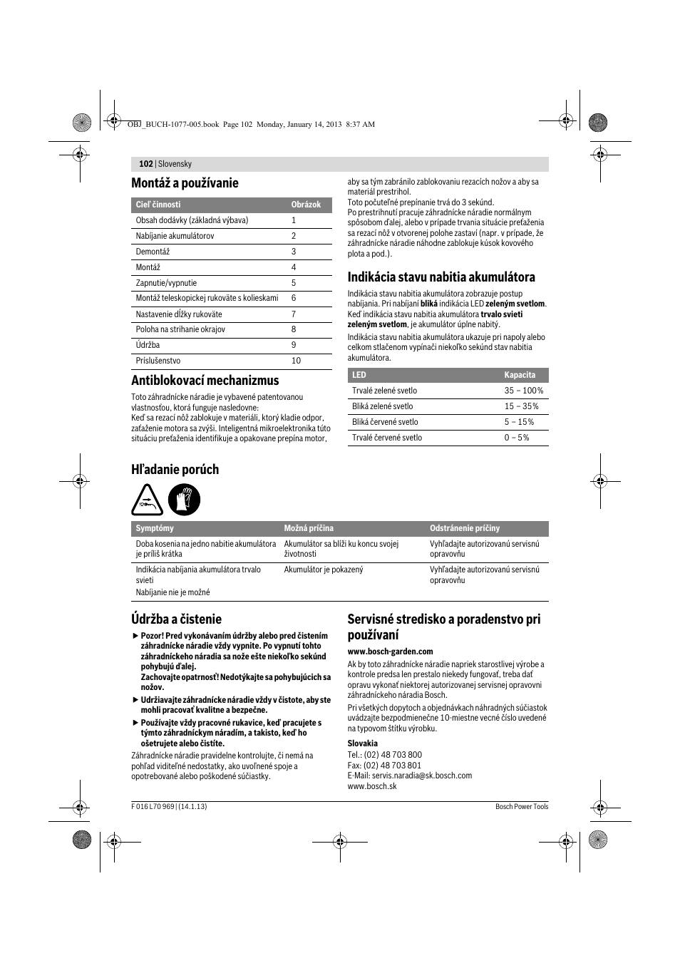 Montáž a používanie antiblokovací mechanizmus, Indikácia stavu nabitia akumulátora, Hľadanie porúch údržba a čistenie | Servisné stredisko a poradenstvo pri používaní | Bosch AGS 7,2 LI User Manual | Page 102 / 177