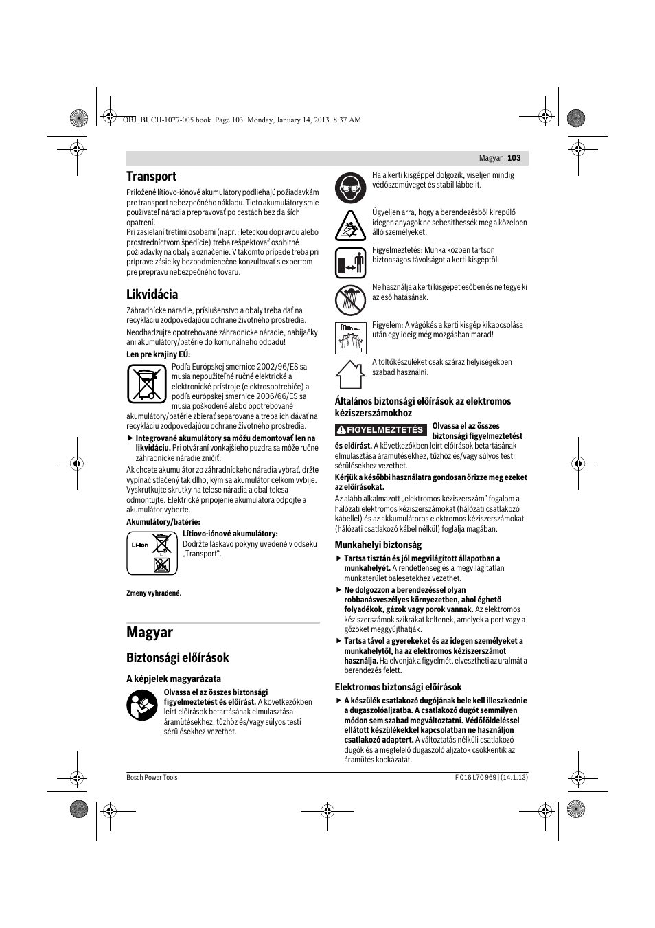 Magyar, Transport, Likvidácia | Biztonsági előírások | Bosch AGS 7,2 LI User Manual | Page 103 / 177