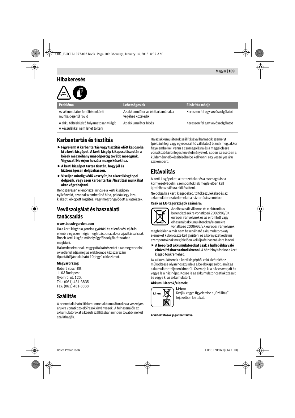 Hibakeresés karbantartás és tisztítás, Vevőszolgálat és használati tanácsadás, Szállítás | Eltávolítás | Bosch AGS 7,2 LI User Manual | Page 109 / 177