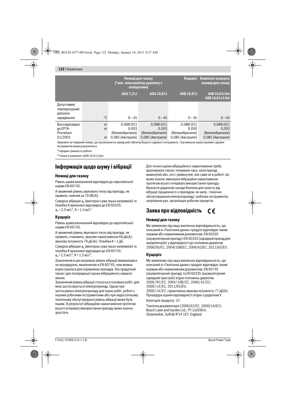 Інформація щодо шуму і вібрації, Заява про відповідність | Bosch AGS 7,2 LI User Manual | Page 122 / 177