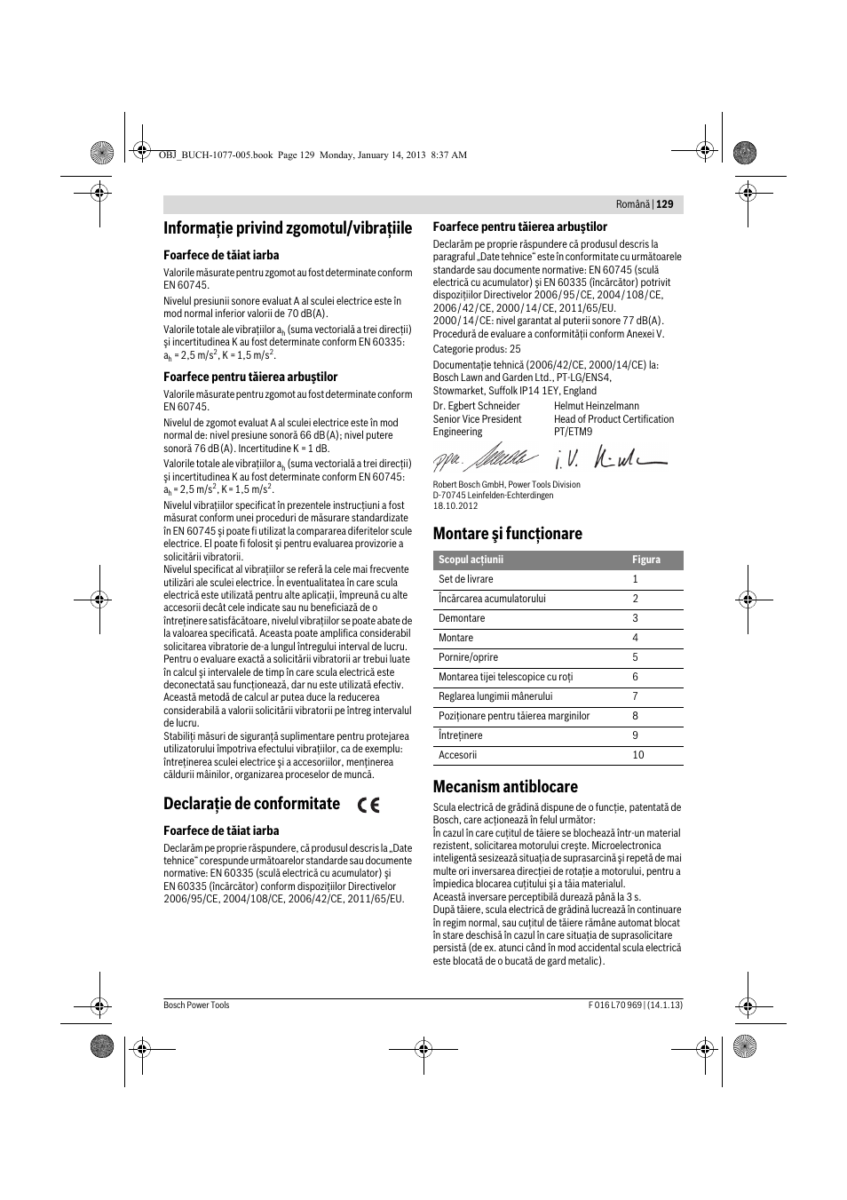 Informaţie privind zgomotul/vibraţiile, Declaraţie de conformitate, Montare şi funcţionare mecanism antiblocare | Bosch AGS 7,2 LI User Manual | Page 129 / 177