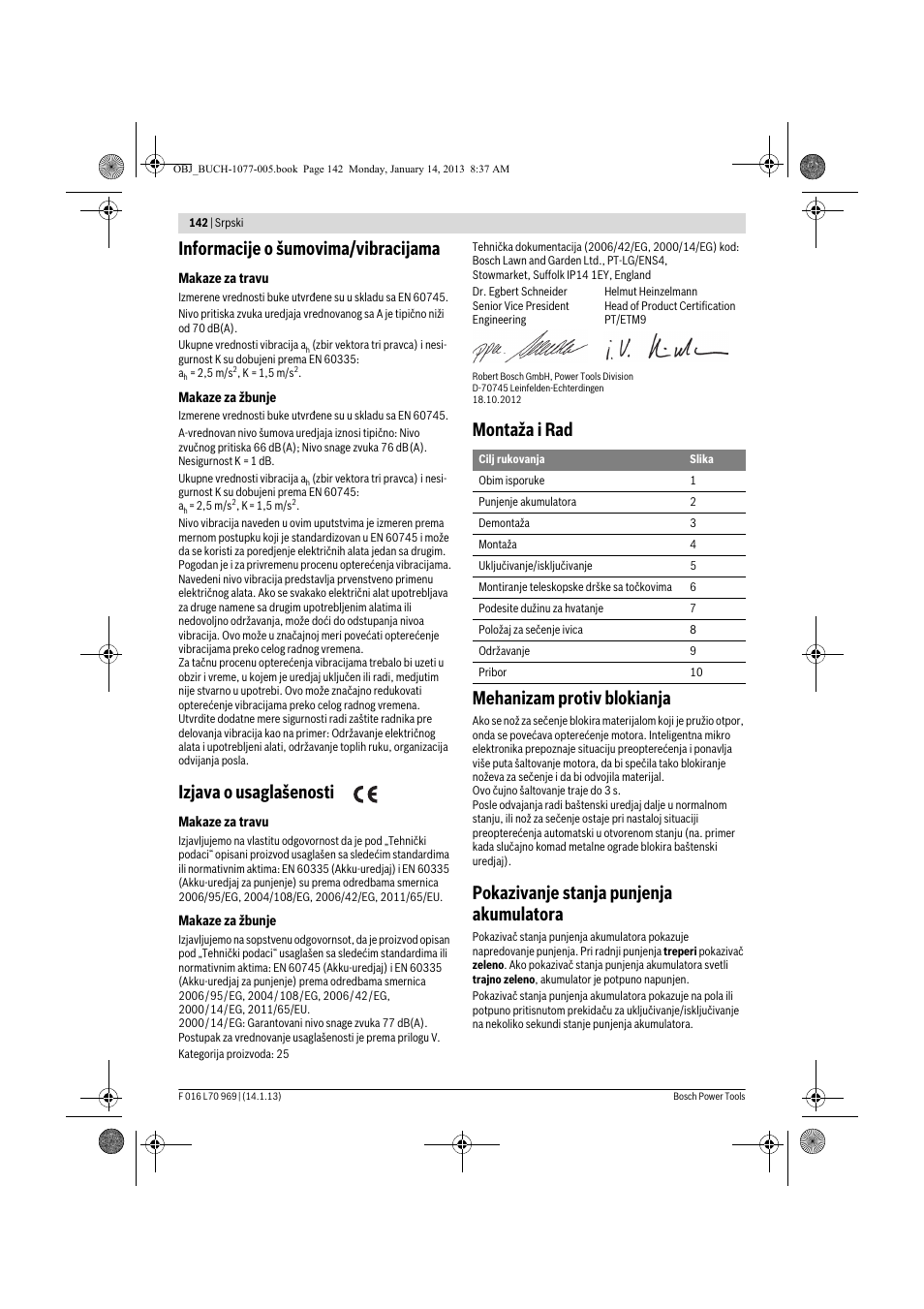 Informacije o šumovima/vibracijama, Izjava o usaglašenosti, Montaža i rad mehanizam protiv blokianja | Pokazivanje stanja punjenja akumulatora | Bosch AGS 7,2 LI User Manual | Page 142 / 177