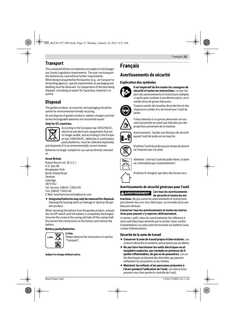 Français, Transport, Disposal | Avertissements de sécurité | Bosch AGS 7,2 LI User Manual | Page 15 / 177