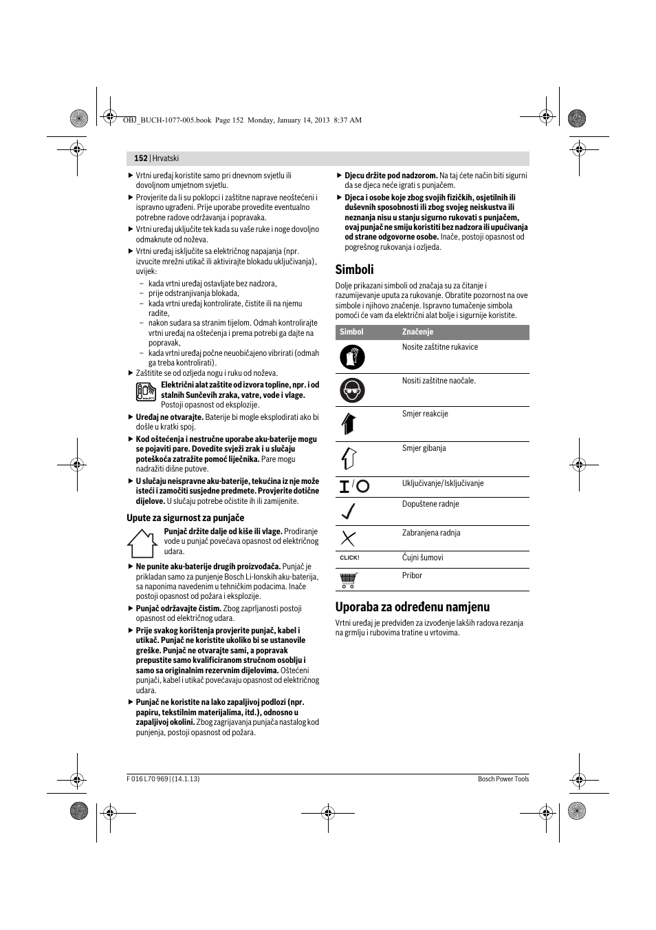 Simboli, Uporaba za određenu namjenu | Bosch AGS 7,2 LI User Manual | Page 152 / 177