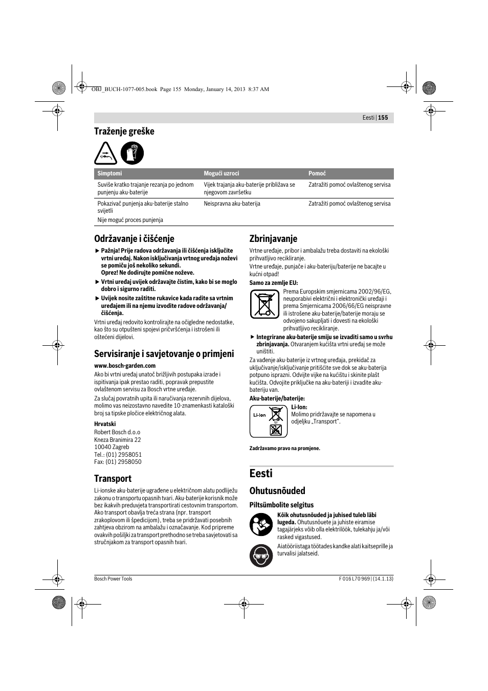 Eesti, Traženje greške održavanje i čišćenje, Servisiranje i savjetovanje o primjeni | Transport, Zbrinjavanje, Ohutusnõuded | Bosch AGS 7,2 LI User Manual | Page 155 / 177