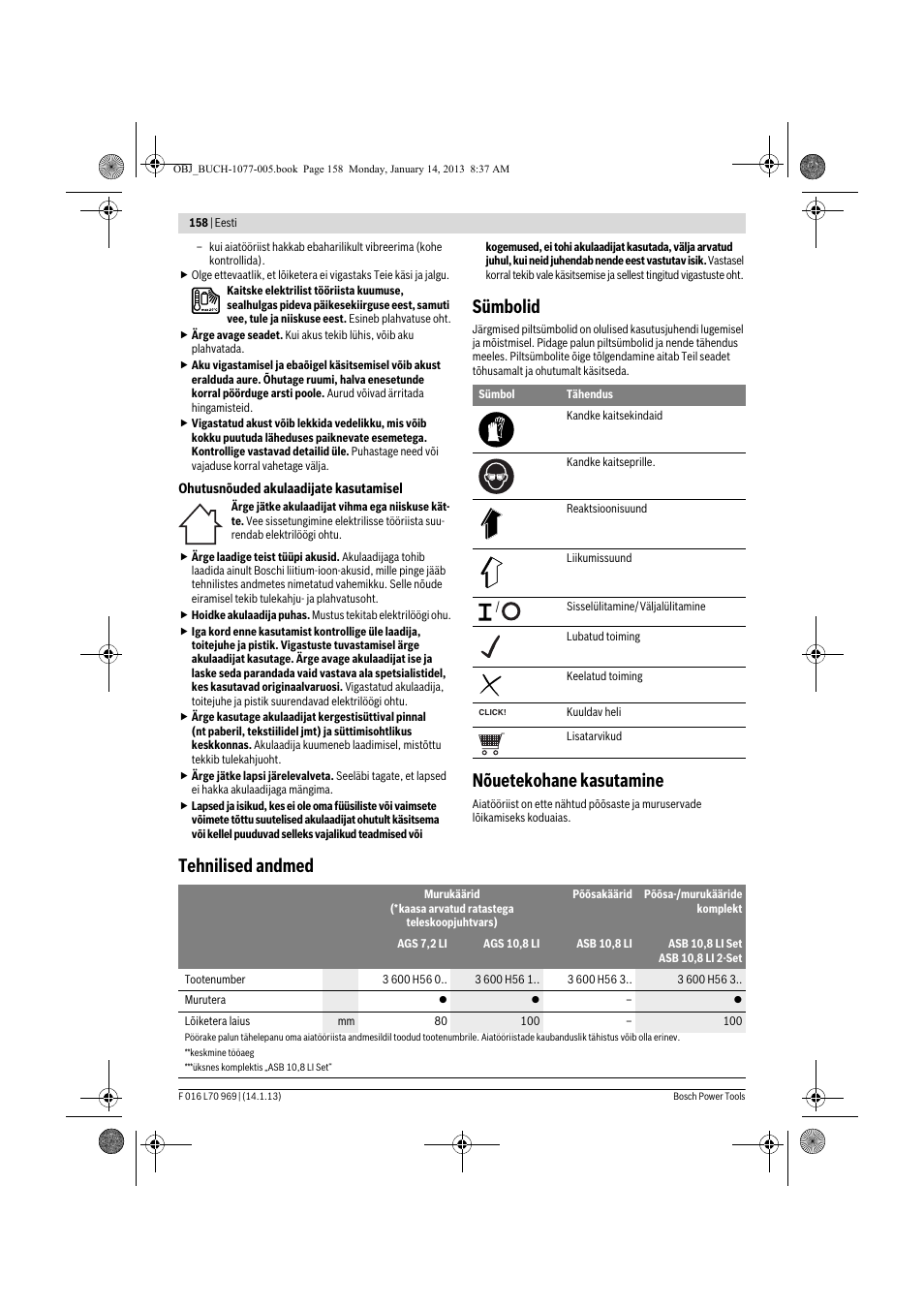 Sümbolid, Nõuetekohane kasutamine, Tehnilised andmed | Bosch AGS 7,2 LI User Manual | Page 158 / 177