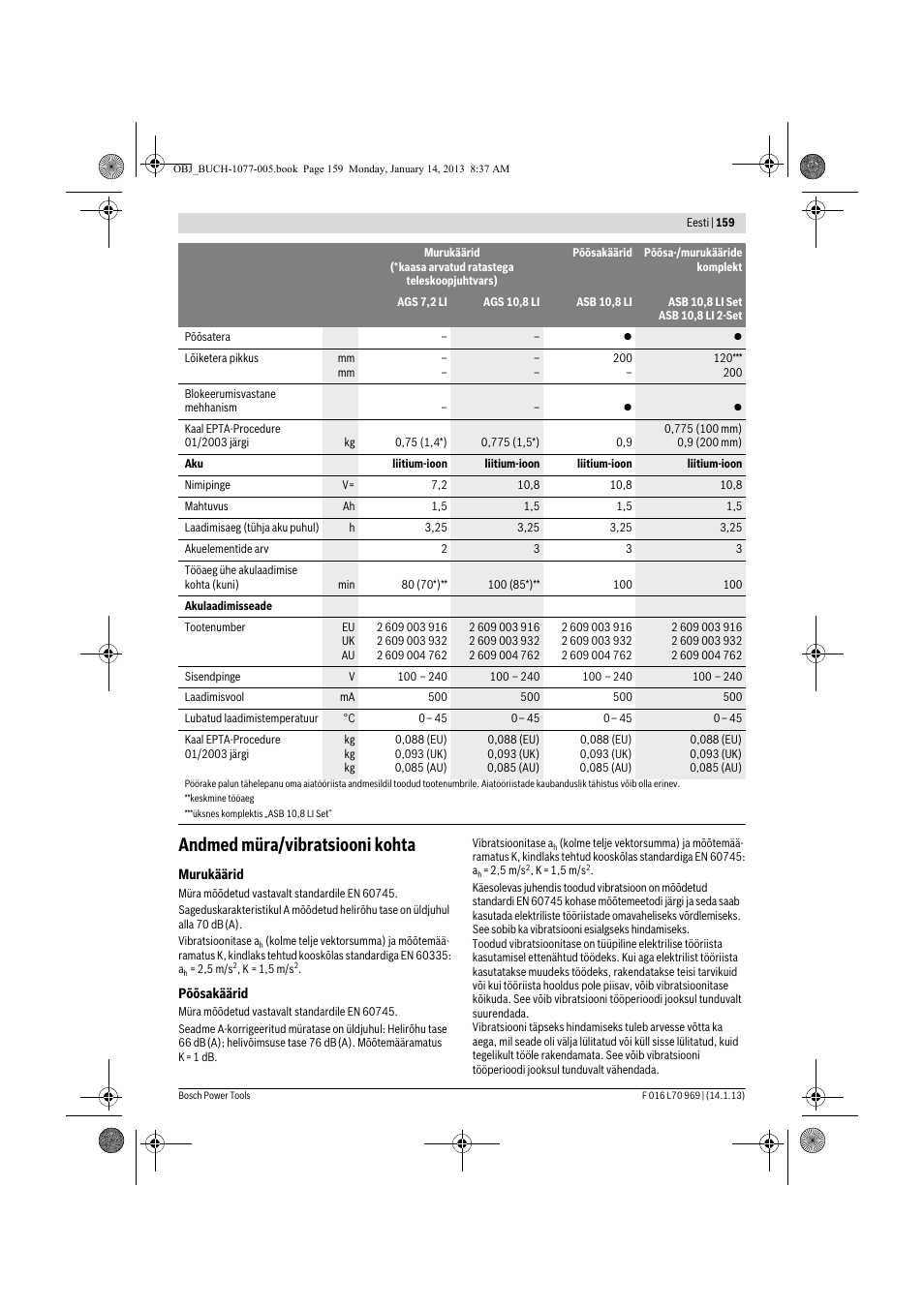 Andmed müra/vibratsiooni kohta | Bosch AGS 7,2 LI User Manual | Page 159 / 177