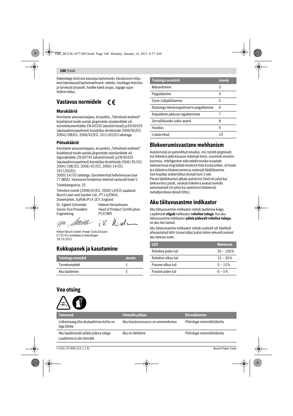 Vastavus normidele, Aku täituvusastme indikaator, Vea otsing | Bosch AGS 7,2 LI User Manual | Page 160 / 177