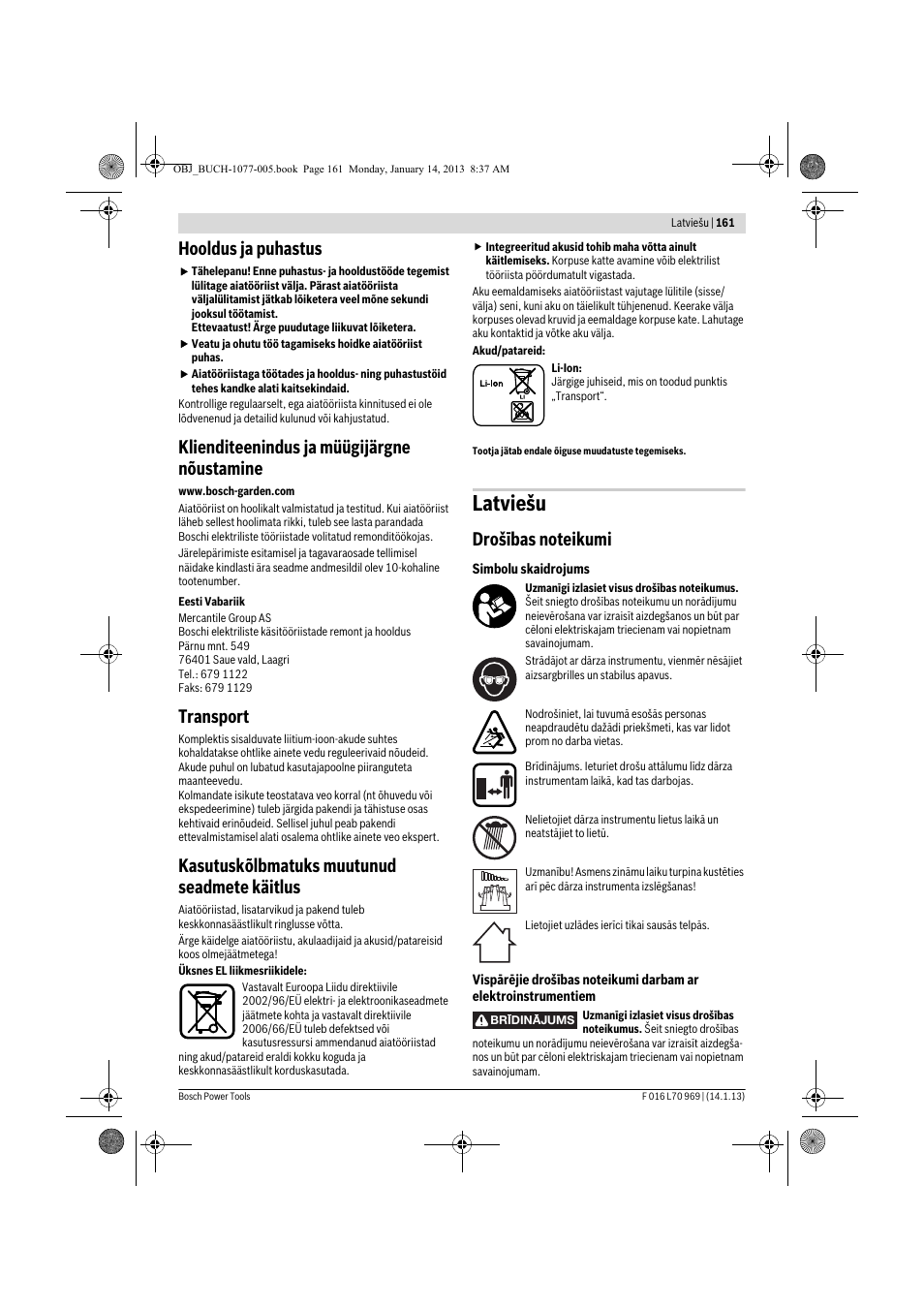 Latviešu, Hooldus ja puhastus, Klienditeenindus ja müügijärgne nõustamine | Transport, Kasutuskõlbmatuks muutunud seadmete käitlus | Bosch AGS 7,2 LI User Manual | Page 161 / 177