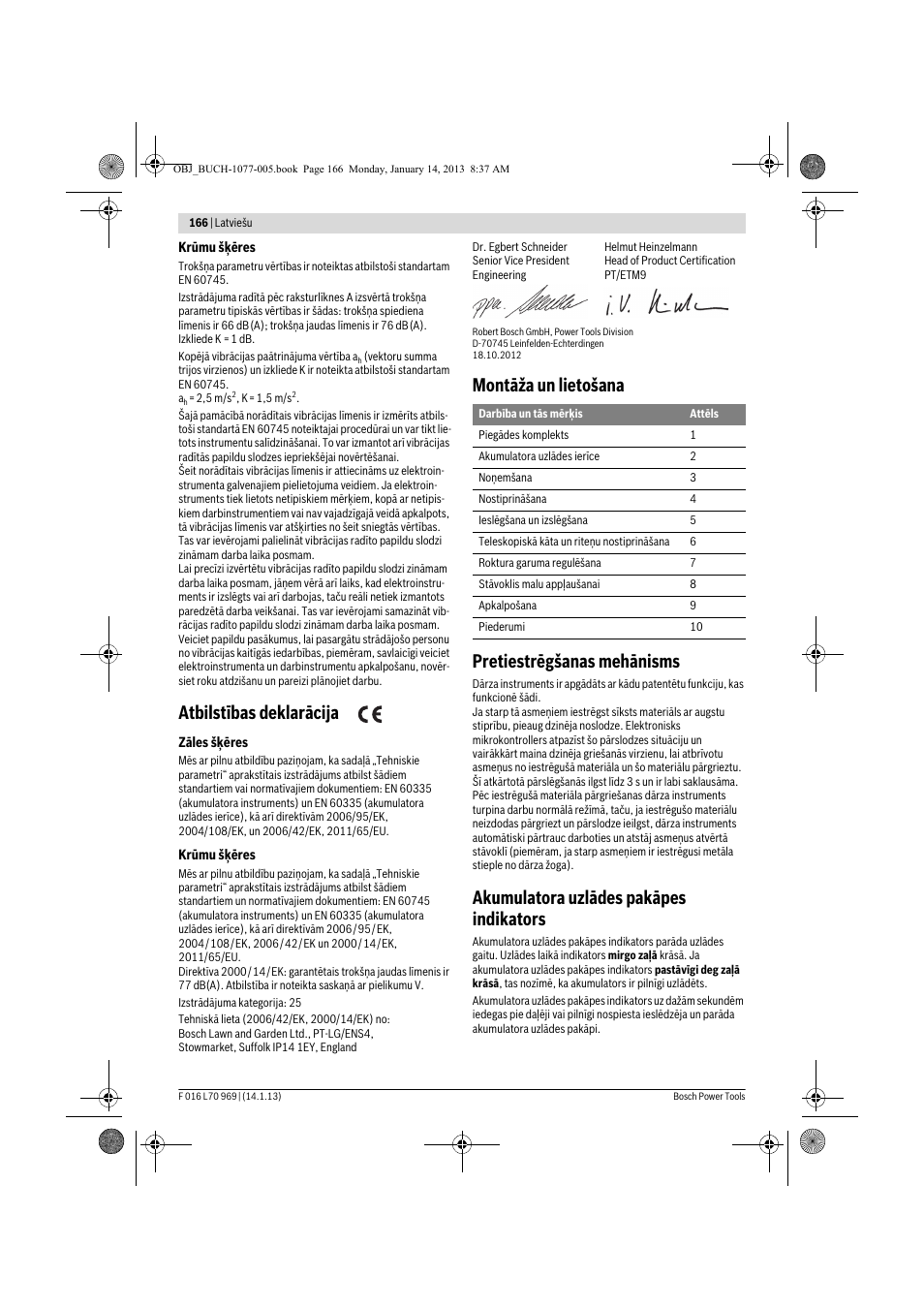 Atbilstības deklarācija, Montāža un lietošana pretiestrēgšanas mehānisms, Akumulatora uzlādes pakāpes indikators | Bosch AGS 7,2 LI User Manual | Page 166 / 177