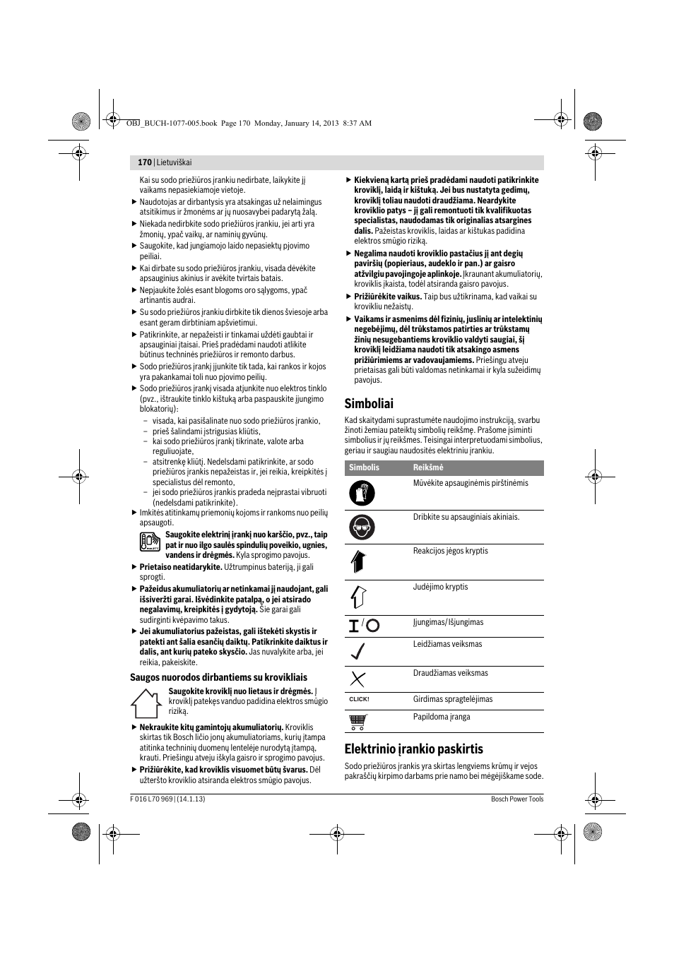 Simboliai, Elektrinio įrankio paskirtis | Bosch AGS 7,2 LI User Manual | Page 170 / 177