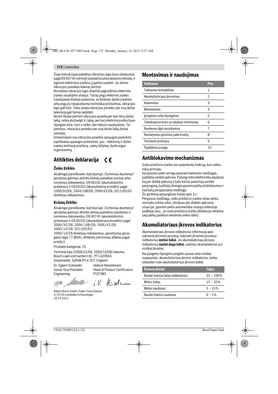 Atitikties deklaracija, Montavimas ir naudojimas antiblokavimo mechanizmas, Akumuliatoriaus įkrovos indikatorius | Bosch AGS 7,2 LI User Manual | Page 172 / 177