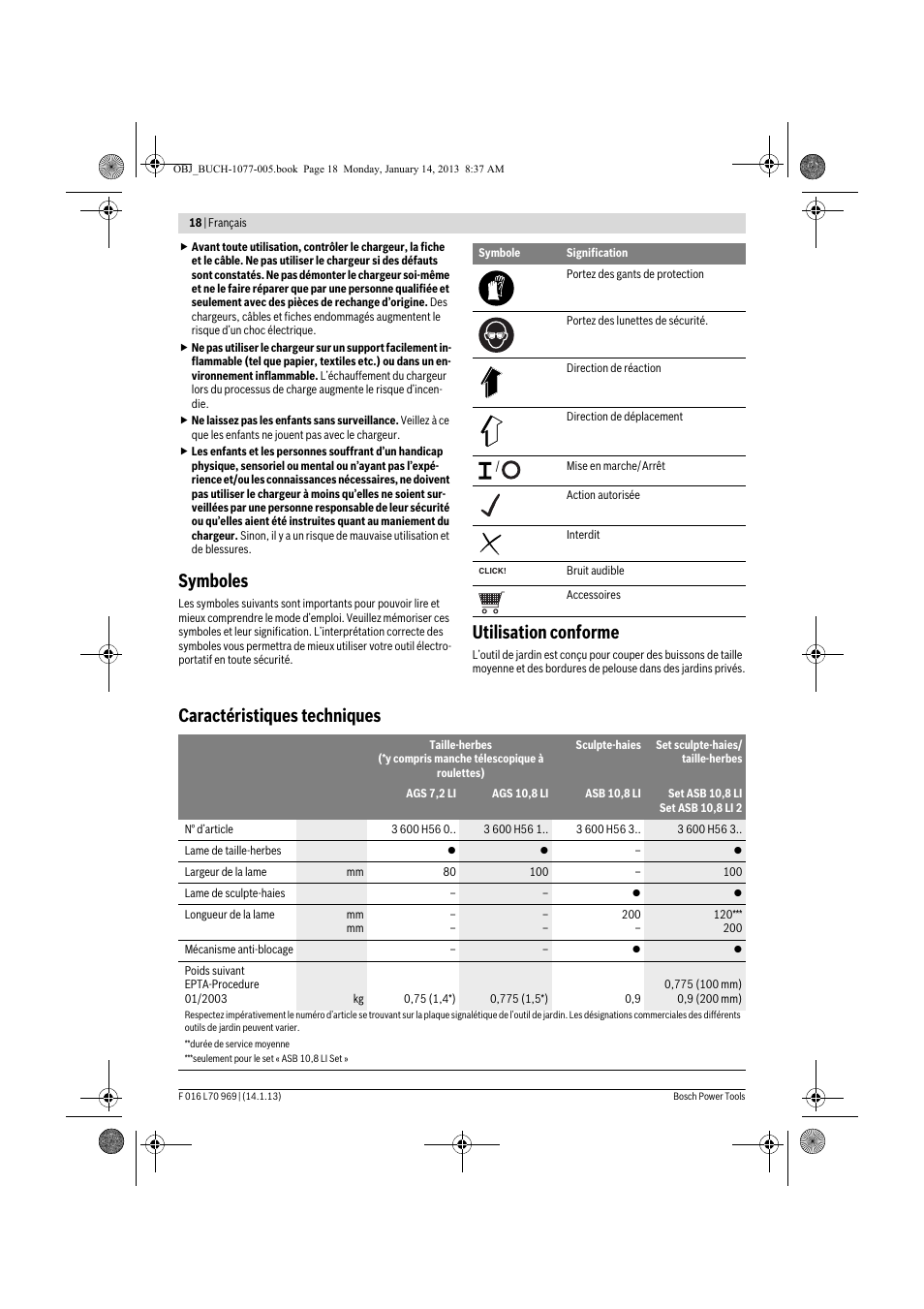 Symboles, Utilisation conforme, Caractéristiques techniques | Bosch AGS 7,2 LI User Manual | Page 18 / 177