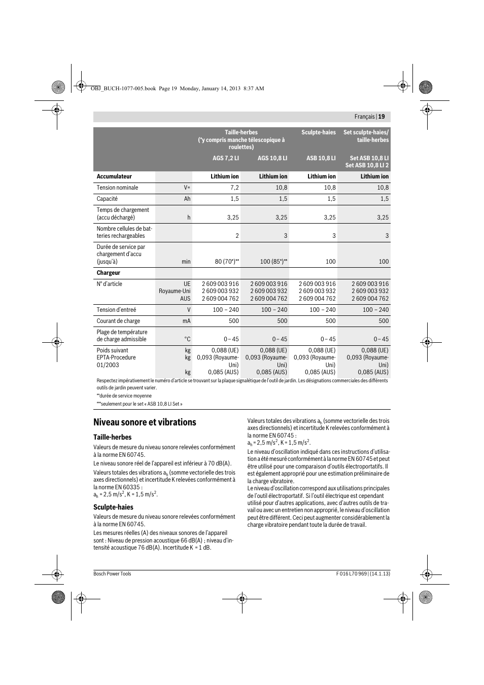 Niveau sonore et vibrations | Bosch AGS 7,2 LI User Manual | Page 19 / 177