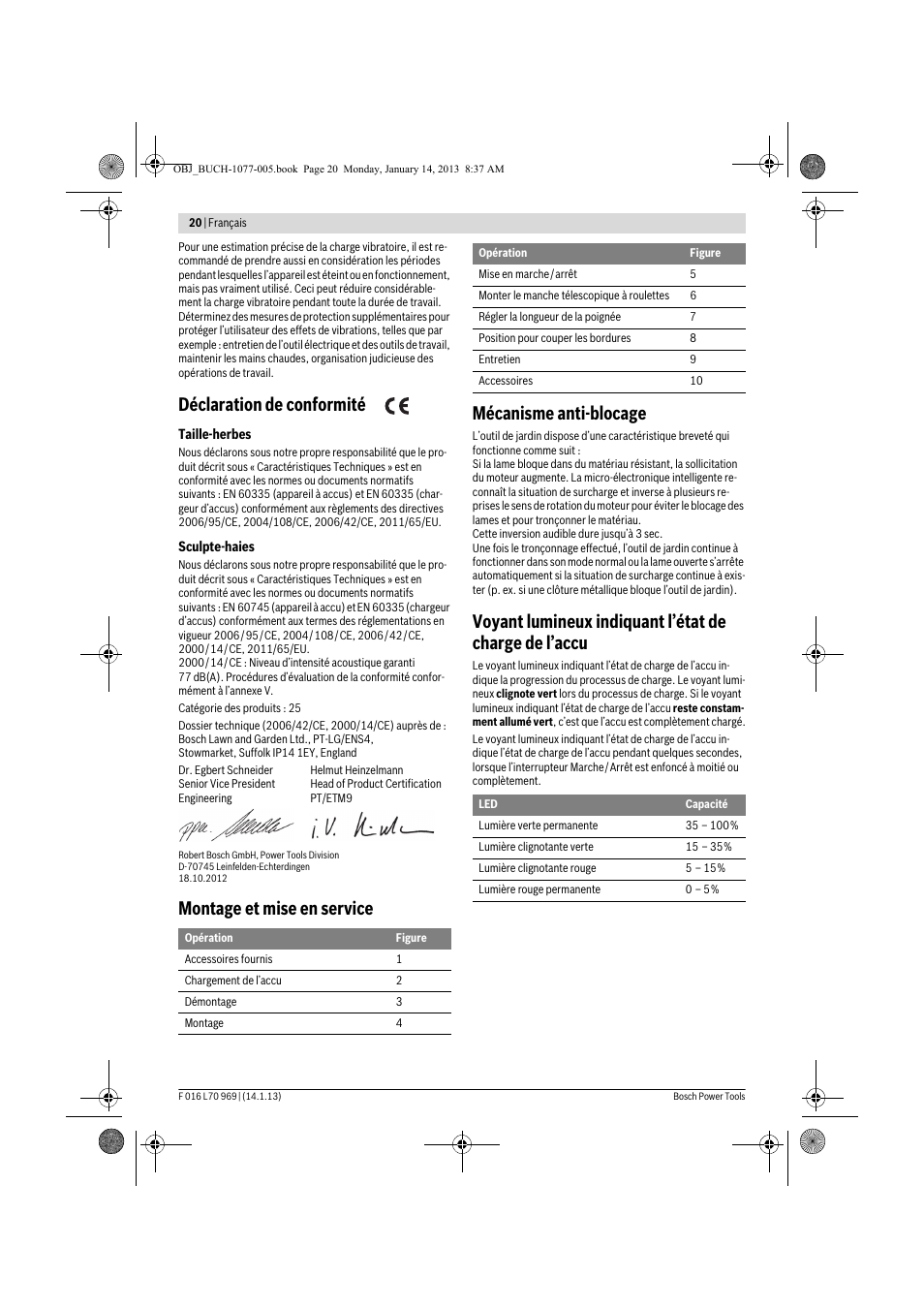 Déclaration de conformité, Montage et mise en service mécanisme anti-blocage | Bosch AGS 7,2 LI User Manual | Page 20 / 177