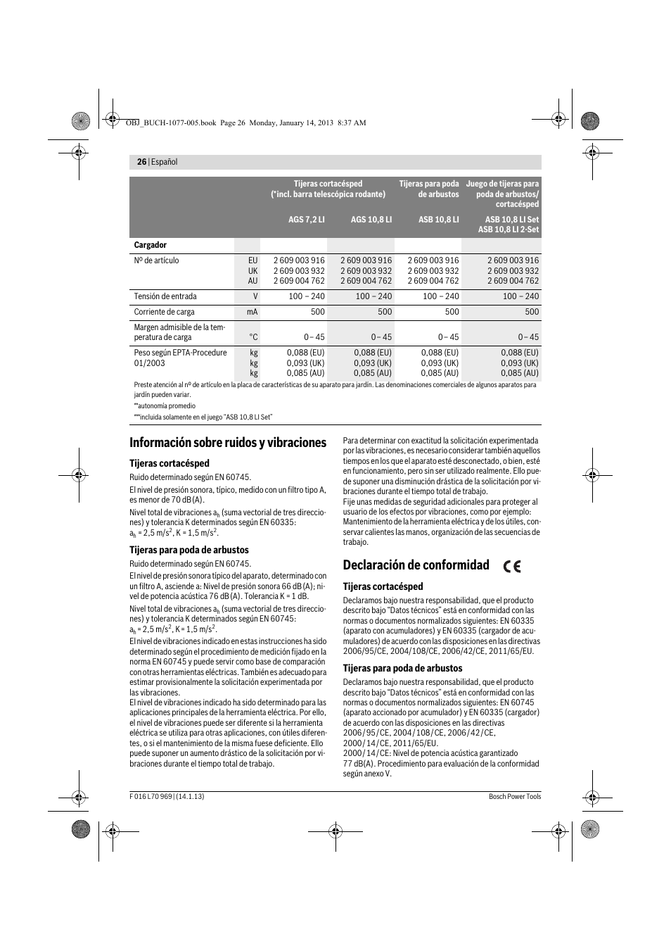 Información sobre ruidos y vibraciones, Declaración de conformidad | Bosch AGS 7,2 LI User Manual | Page 26 / 177