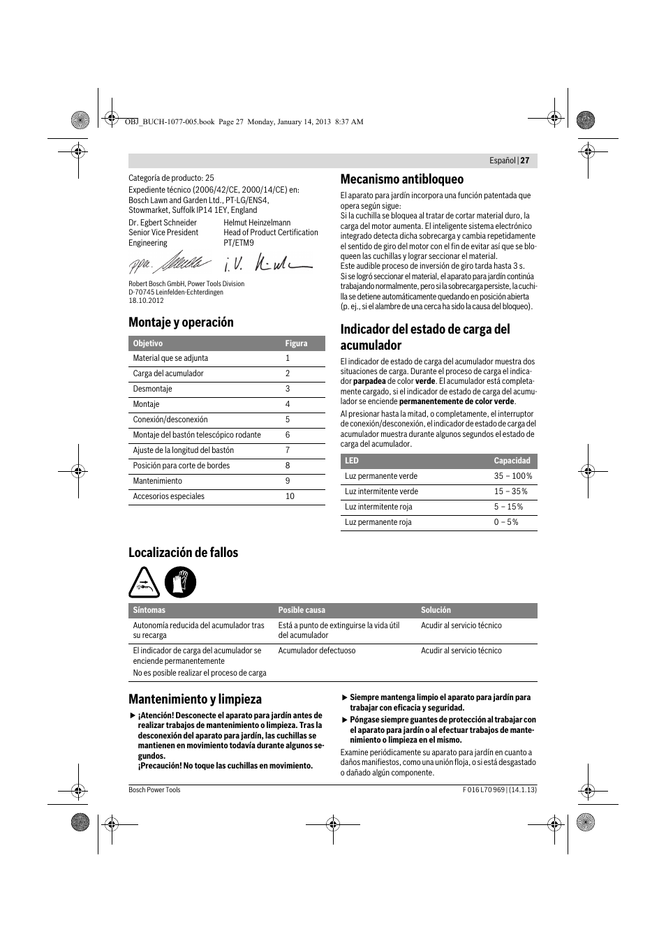 Montaje y operación mecanismo antibloqueo, Indicador del estado de carga del acumulador, Localización de fallos mantenimiento y limpieza | Bosch AGS 7,2 LI User Manual | Page 27 / 177