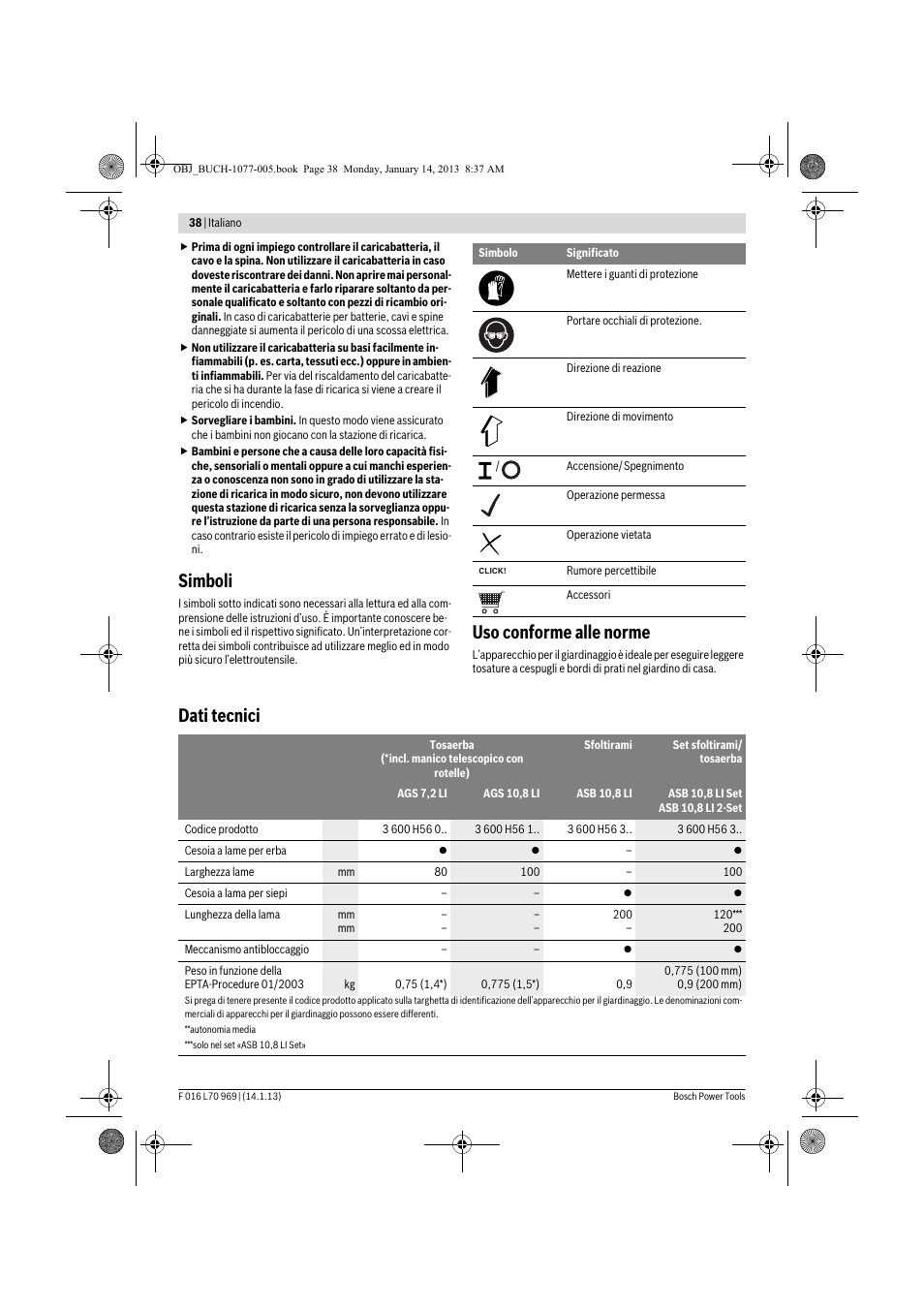 Simboli, Uso conforme alle norme, Dati tecnici | Bosch AGS 7,2 LI User Manual | Page 38 / 177