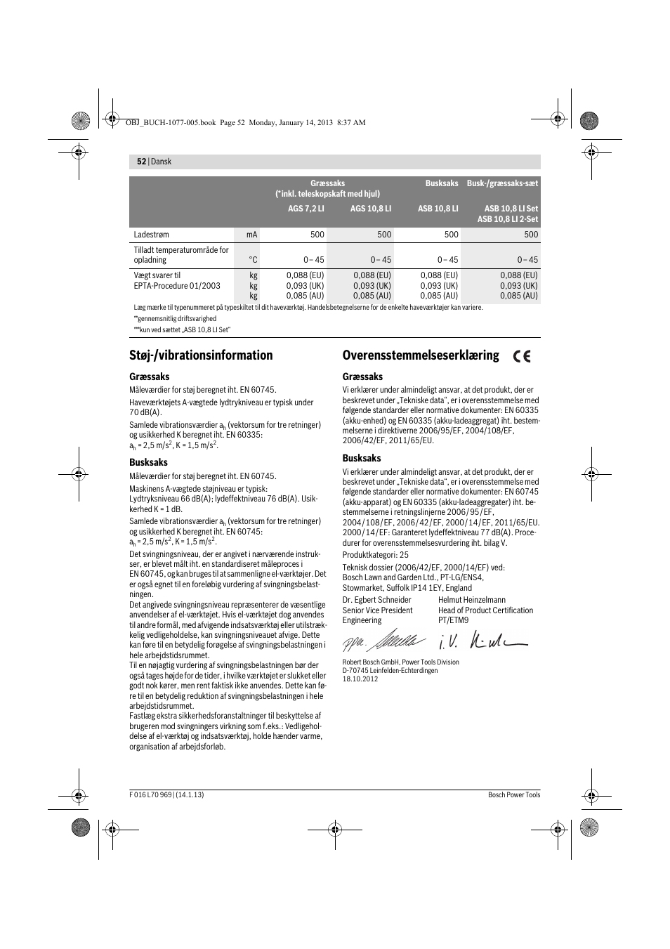 Støj-/vibrationsinformation, Overensstemmelseserklæring | Bosch AGS 7,2 LI User Manual | Page 52 / 177