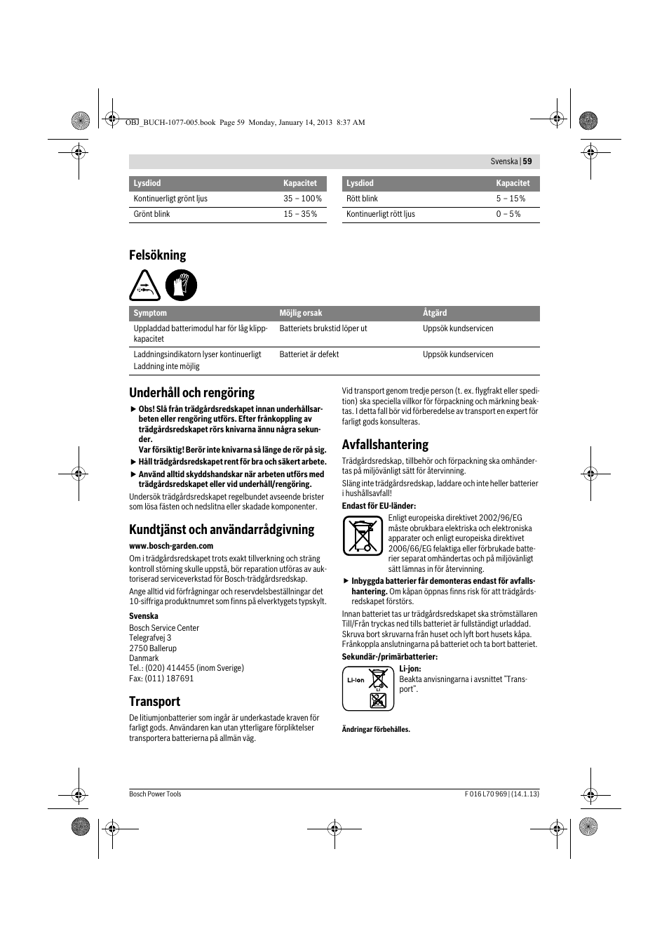 Felsökning underhåll och rengöring, Kundtjänst och användarrådgivning, Transport | Avfallshantering | Bosch AGS 7,2 LI User Manual | Page 59 / 177