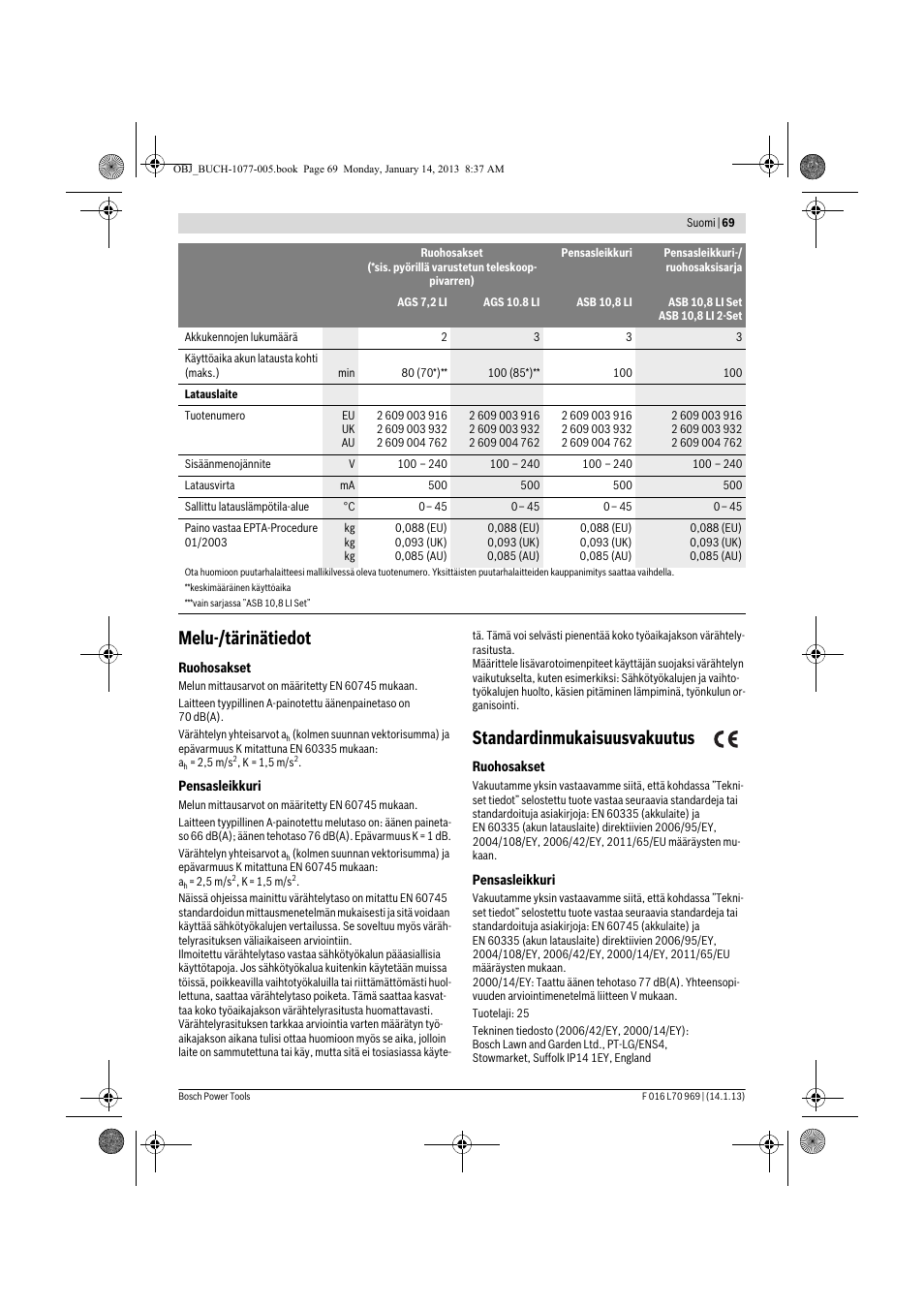 Melu-/tärinätiedot, Standardinmukaisuusvakuutus | Bosch AGS 7,2 LI User Manual | Page 69 / 177