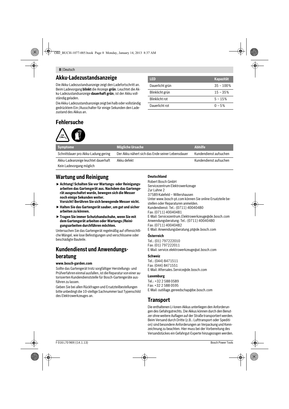 Akku-ladezustandsanzeige, Fehlersuche wartung und reinigung, Kundendienst und anwendungs- beratung | Transport | Bosch AGS 7,2 LI User Manual | Page 8 / 177