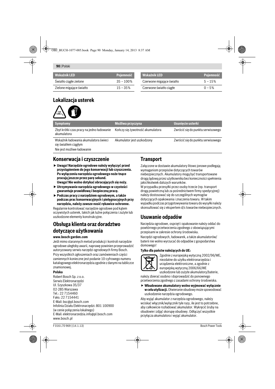 Lokalizacja usterek konserwacja i czyszczenie, Transport, Usuwanie odpadów | Bosch AGS 7,2 LI User Manual | Page 90 / 177