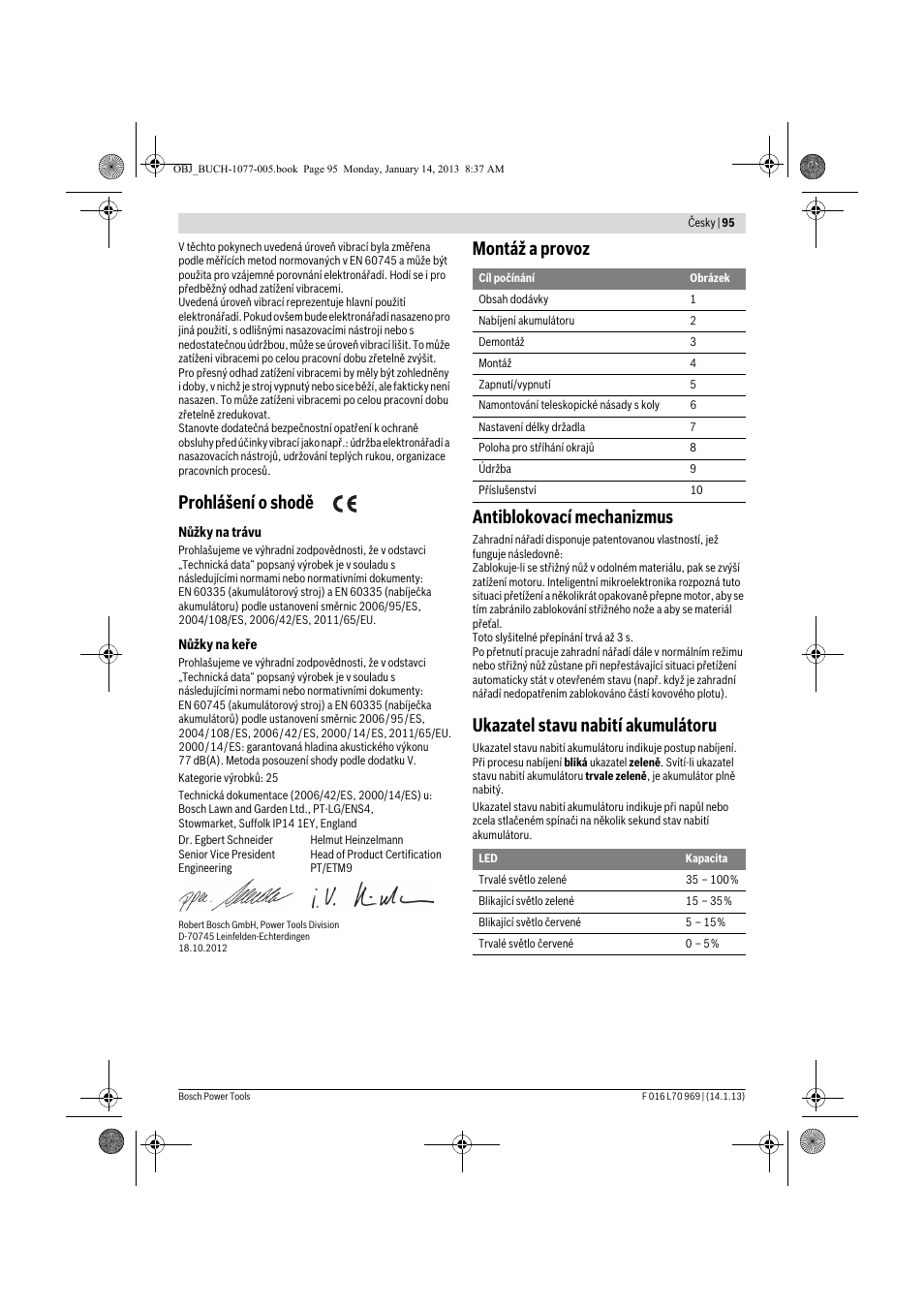 Prohlášení o shodě, Montáž a provoz antiblokovací mechanizmus, Ukazatel stavu nabití akumulátoru | Bosch AGS 7,2 LI User Manual | Page 95 / 177