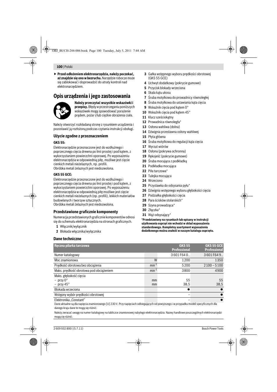 Opis urządzenia i jego zastosowania | Bosch GKS Professional 55 User Manual | Page 100 / 213