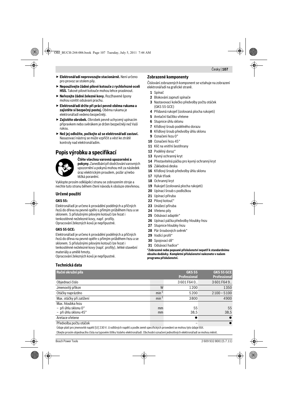 Popis výrobku a specifikací | Bosch GKS Professional 55 User Manual | Page 107 / 213