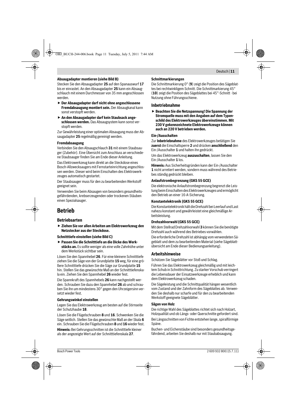 Betrieb | Bosch GKS Professional 55 User Manual | Page 11 / 213