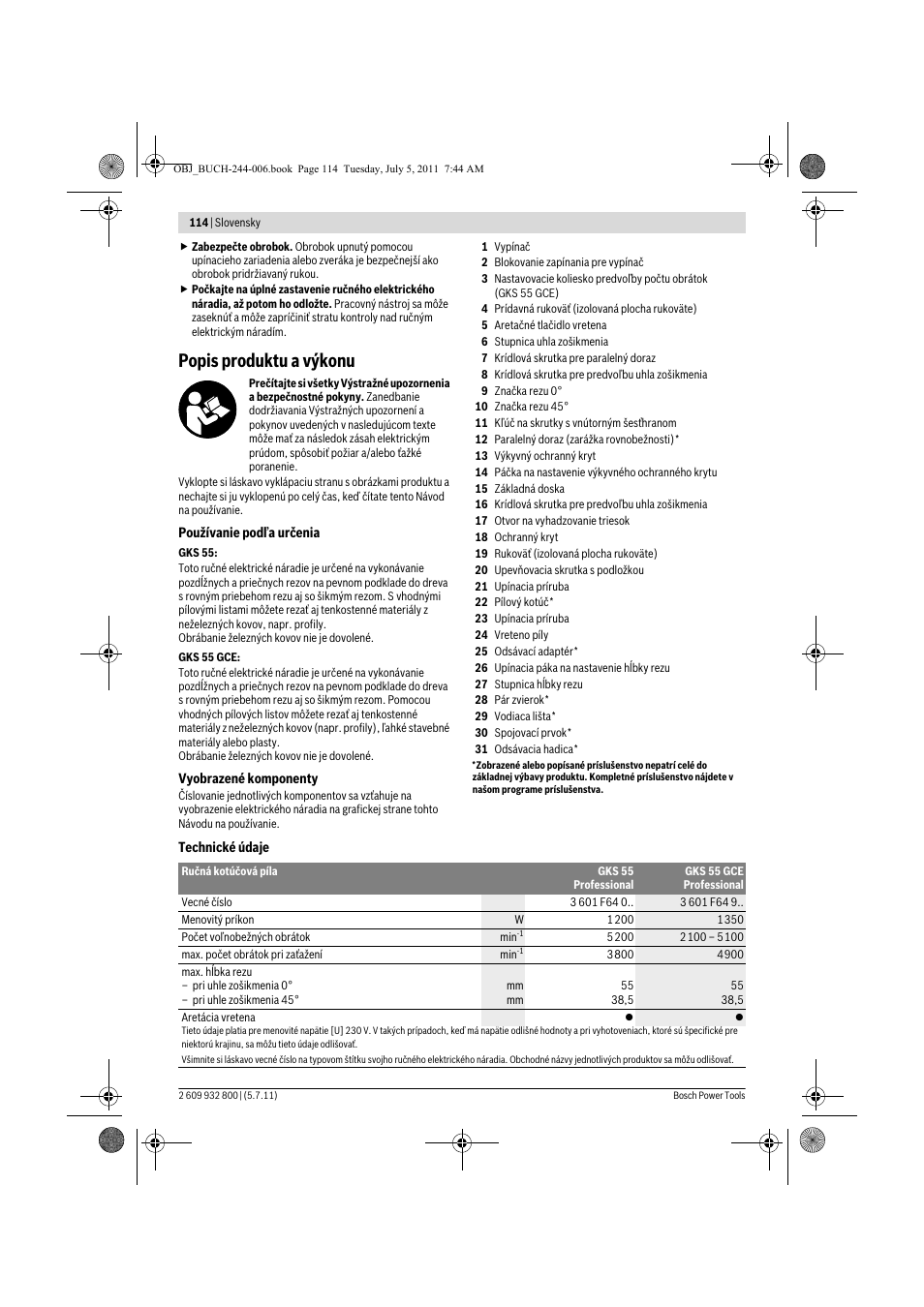 Popis produktu a výkonu | Bosch GKS Professional 55 User Manual | Page 114 / 213