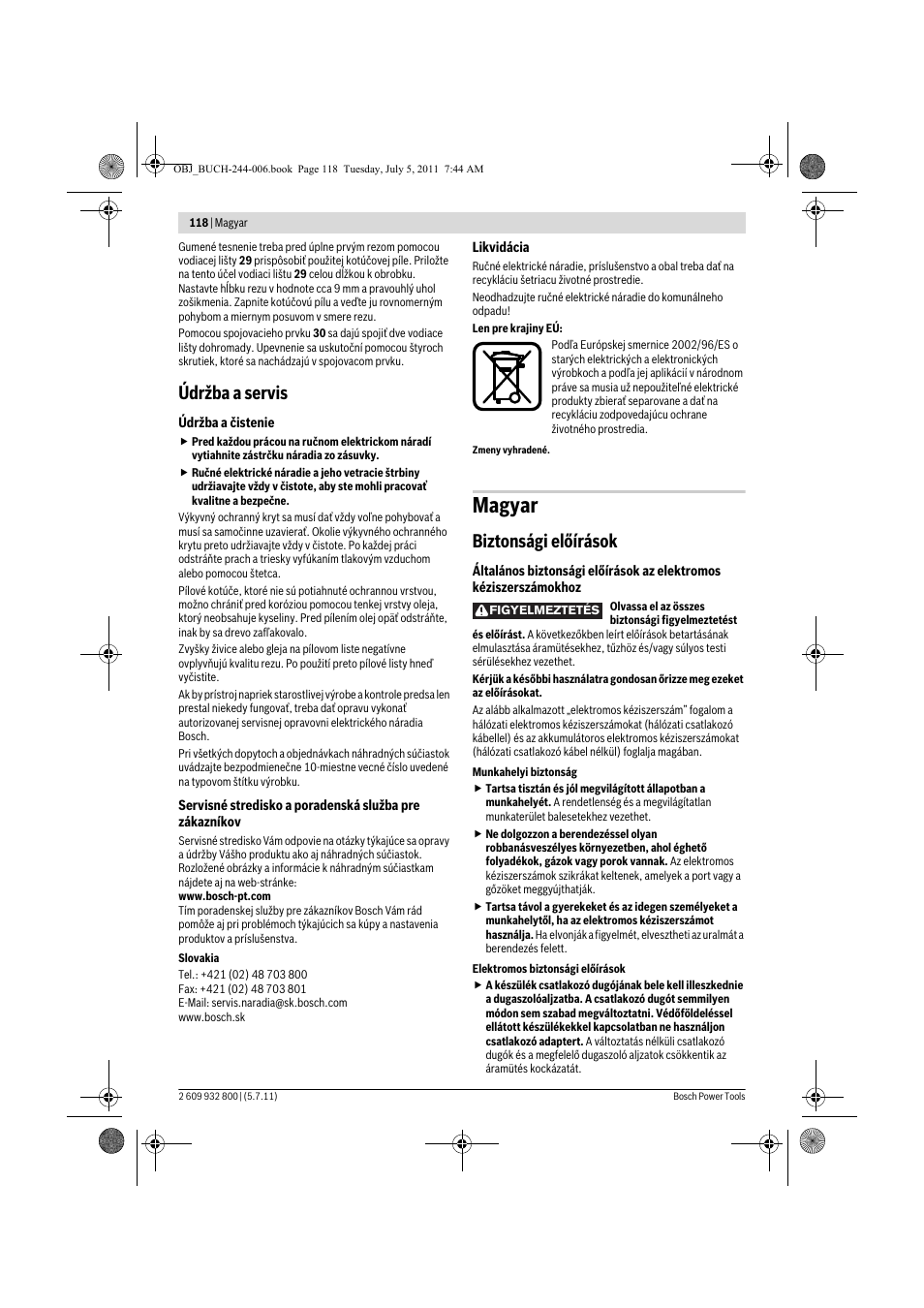 Magyar, Údržba a servis, Biztonsági előírások | Bosch GKS Professional 55 User Manual | Page 118 / 213