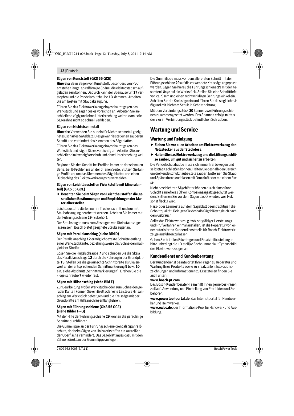 Wartung und service | Bosch GKS Professional 55 User Manual | Page 12 / 213