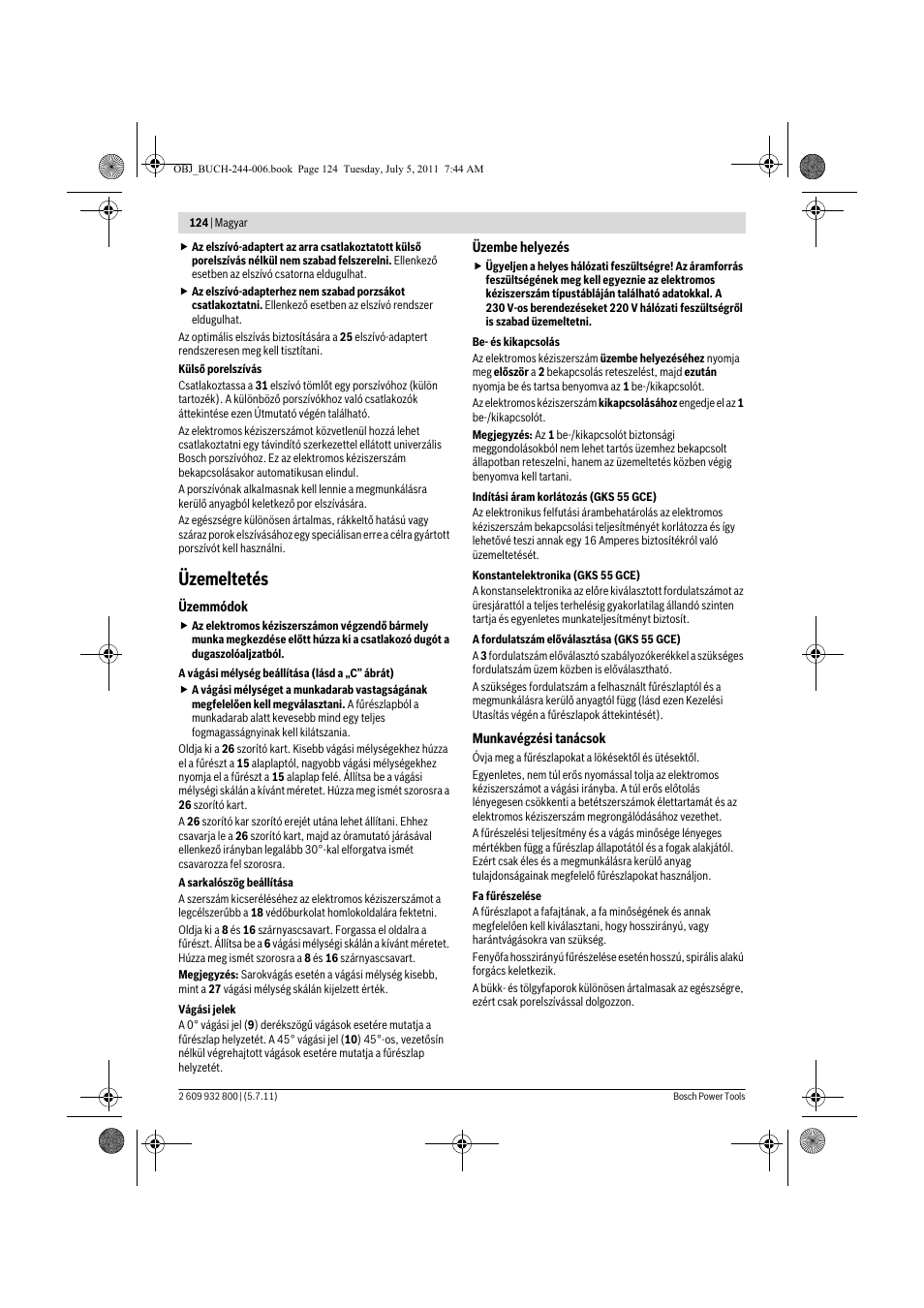 Üzemeltetés | Bosch GKS Professional 55 User Manual | Page 124 / 213