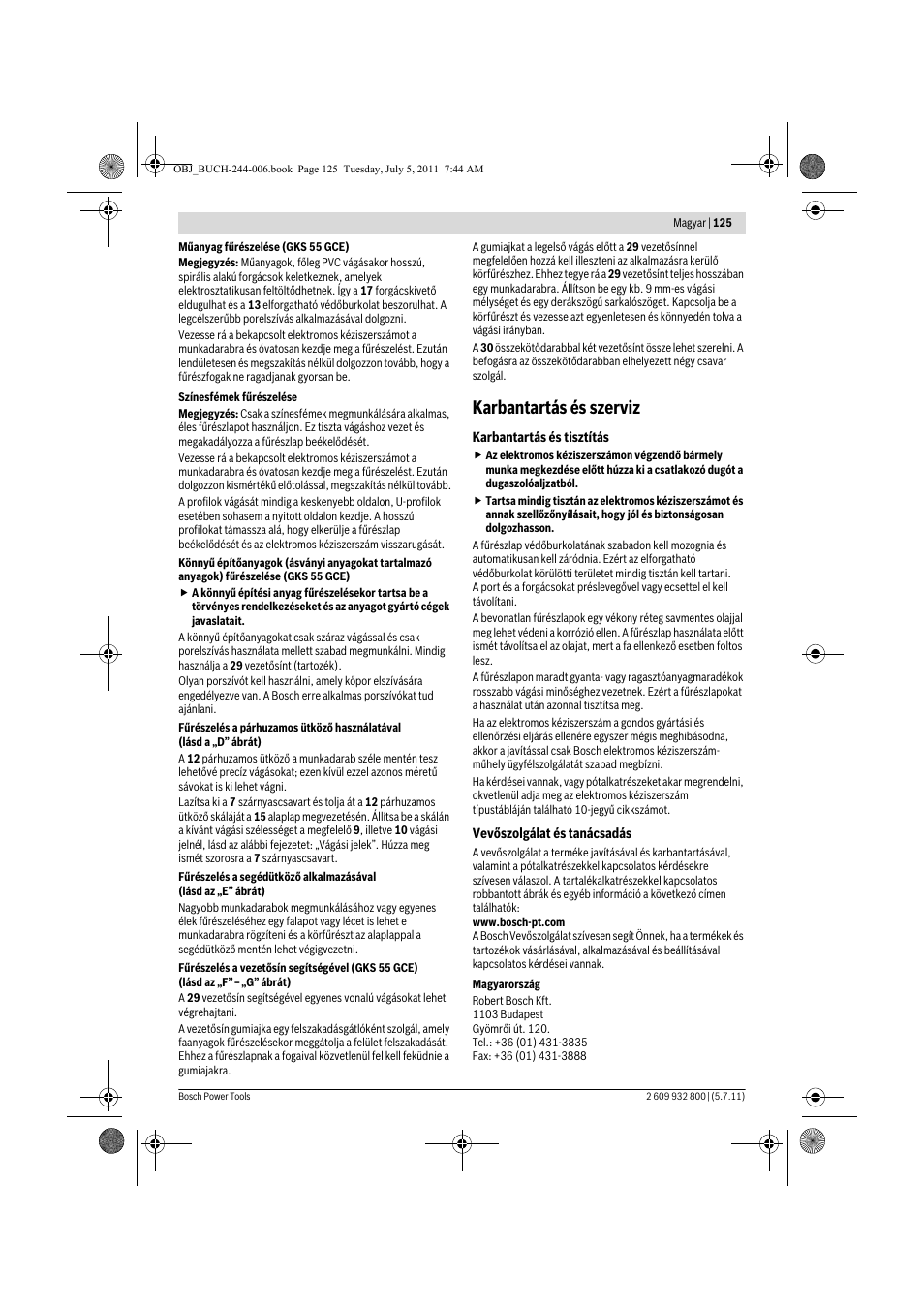 Karbantartás és szerviz | Bosch GKS Professional 55 User Manual | Page 125 / 213