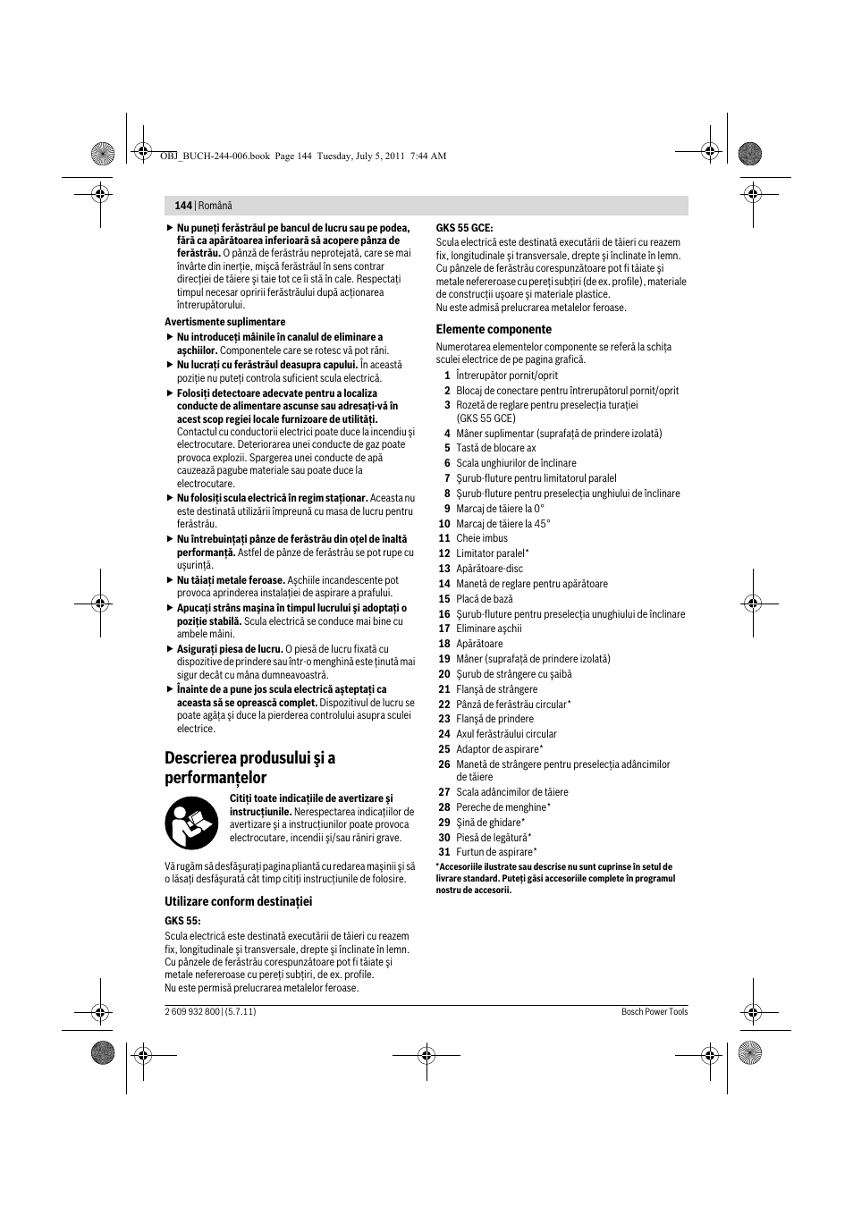 Descrierea produsului şi a performanţelor | Bosch GKS Professional 55 User Manual | Page 144 / 213