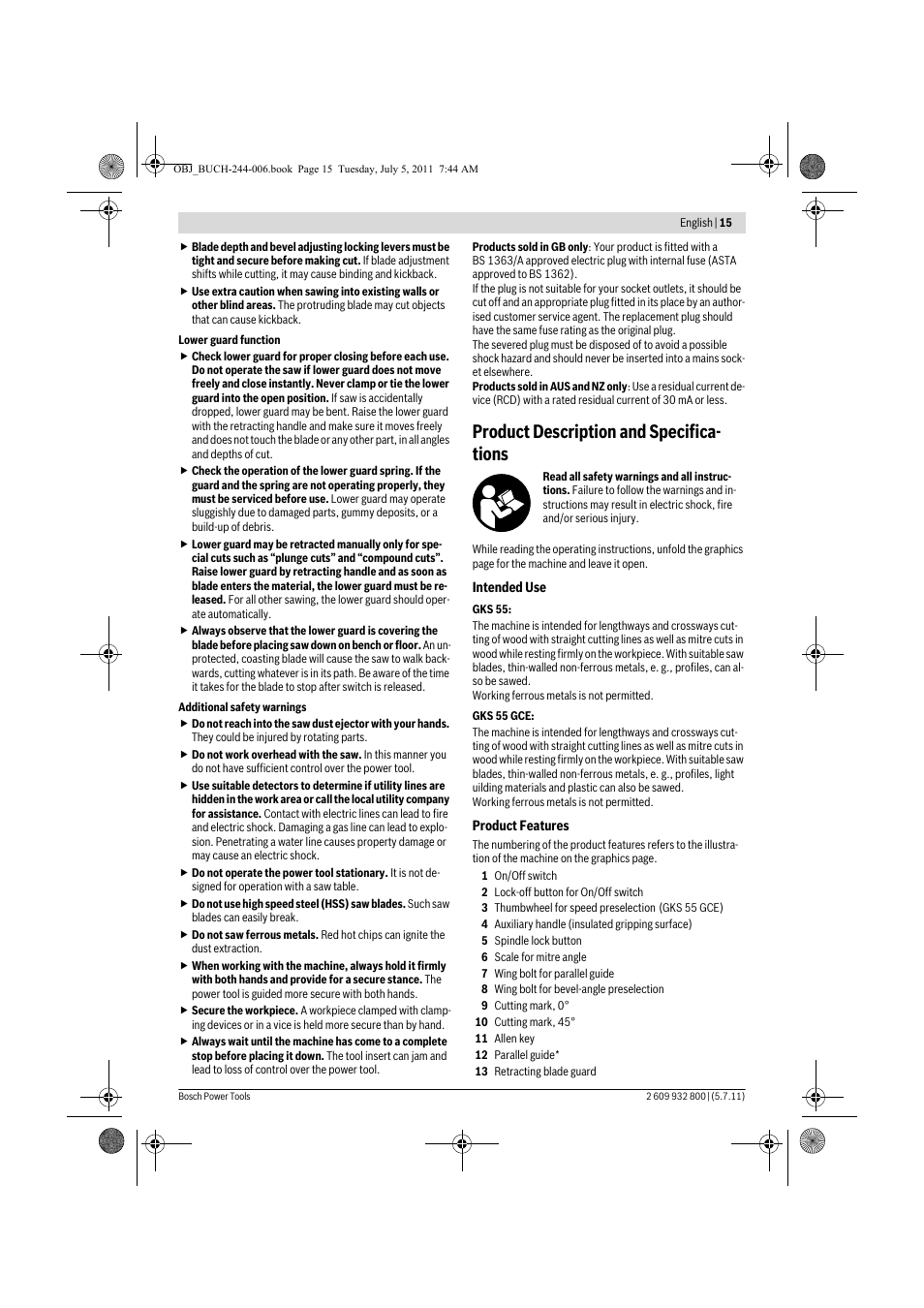 Product description and specifica- tions | Bosch GKS Professional 55 User Manual | Page 15 / 213