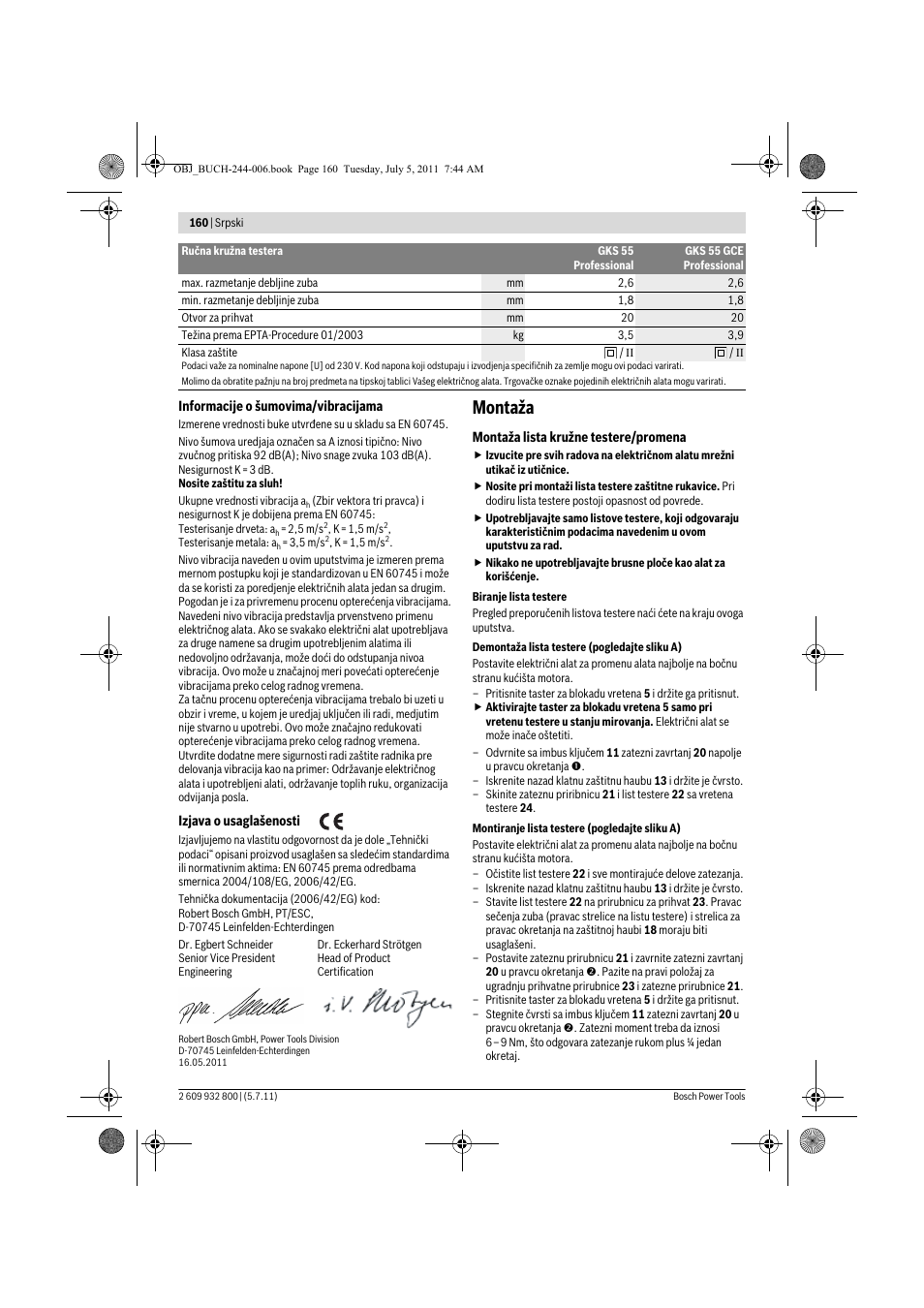 Montaža | Bosch GKS Professional 55 User Manual | Page 160 / 213