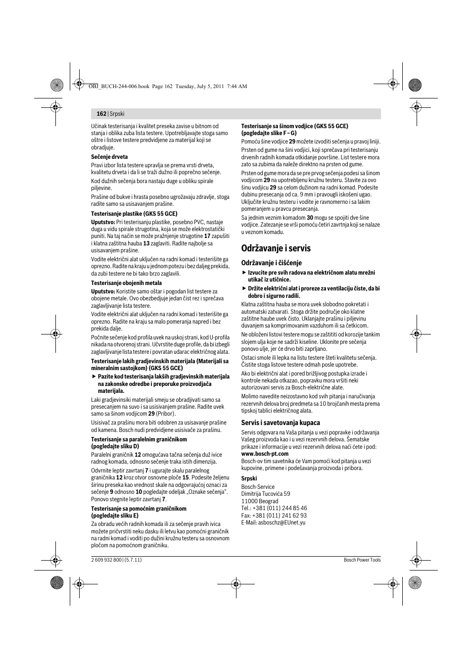 Održavanje i servis | Bosch GKS Professional 55 User Manual | Page 162 / 213