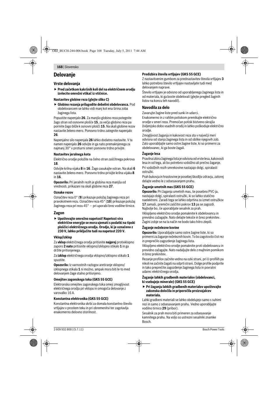 Delovanje | Bosch GKS Professional 55 User Manual | Page 168 / 213