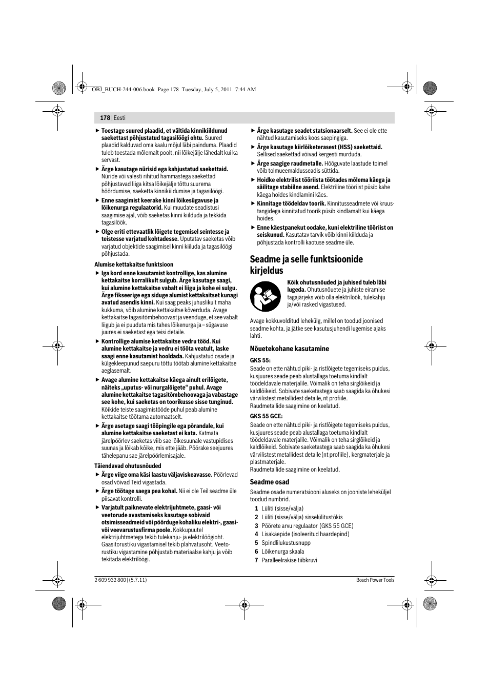 Seadme ja selle funktsioonide kirjeldus | Bosch GKS Professional 55 User Manual | Page 178 / 213