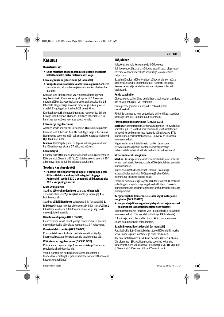 Kasutus | Bosch GKS Professional 55 User Manual | Page 181 / 213