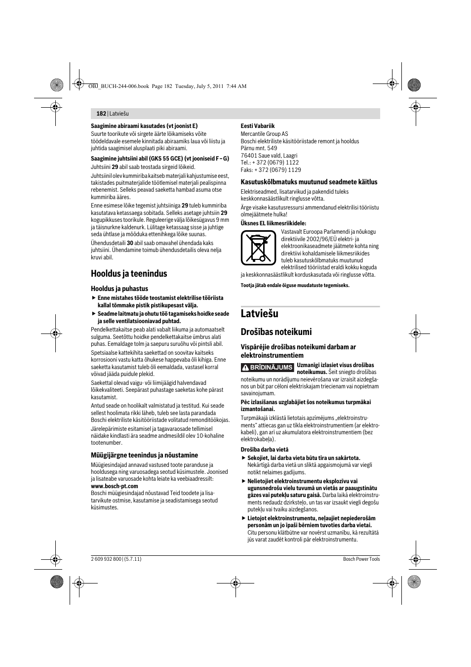 Latviešu, Hooldus ja teenindus | Bosch GKS Professional 55 User Manual | Page 182 / 213