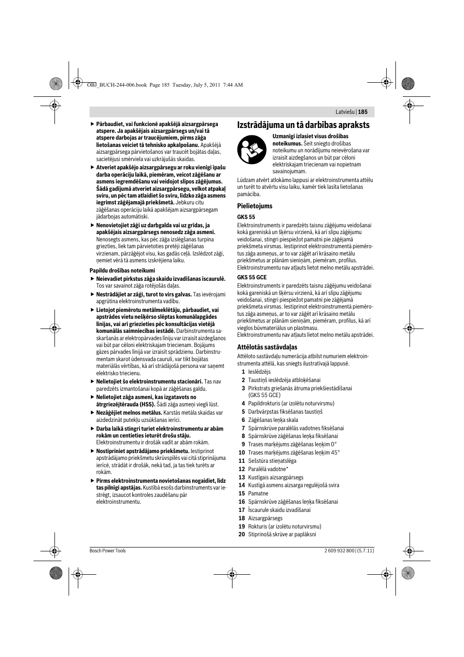 Izstrādājuma un tā darbības apraksts | Bosch GKS Professional 55 User Manual | Page 185 / 213